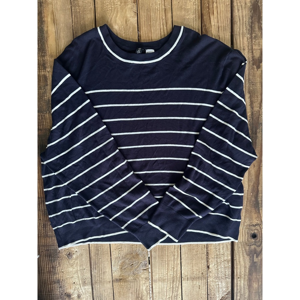 Divided H&M Womens XL Navy Blue White Striped Crewneck Lightweight Knit Sweater